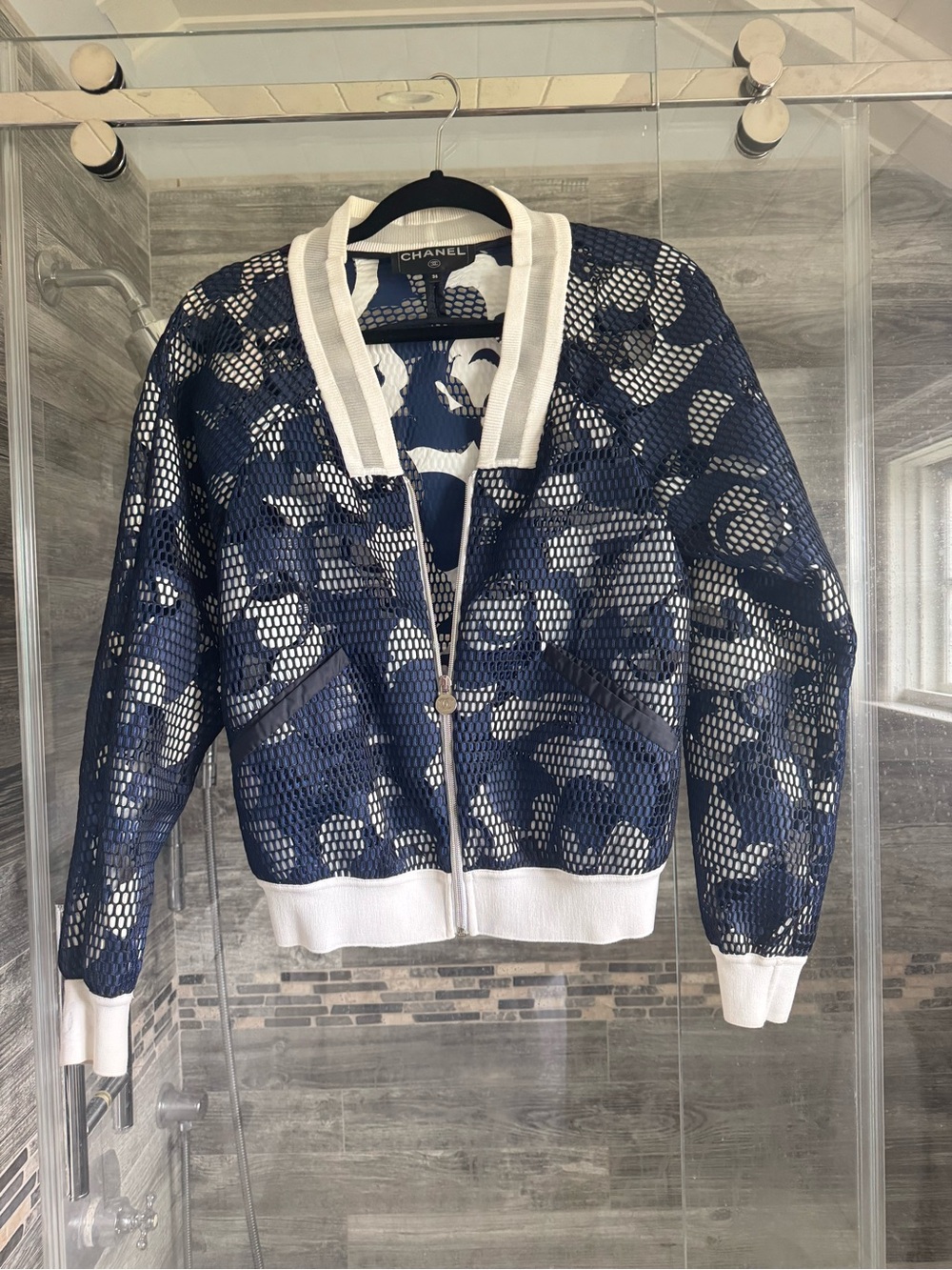 CHANEL Navy and White Mesh Zip Bomber Jacket | 17A  | FR36